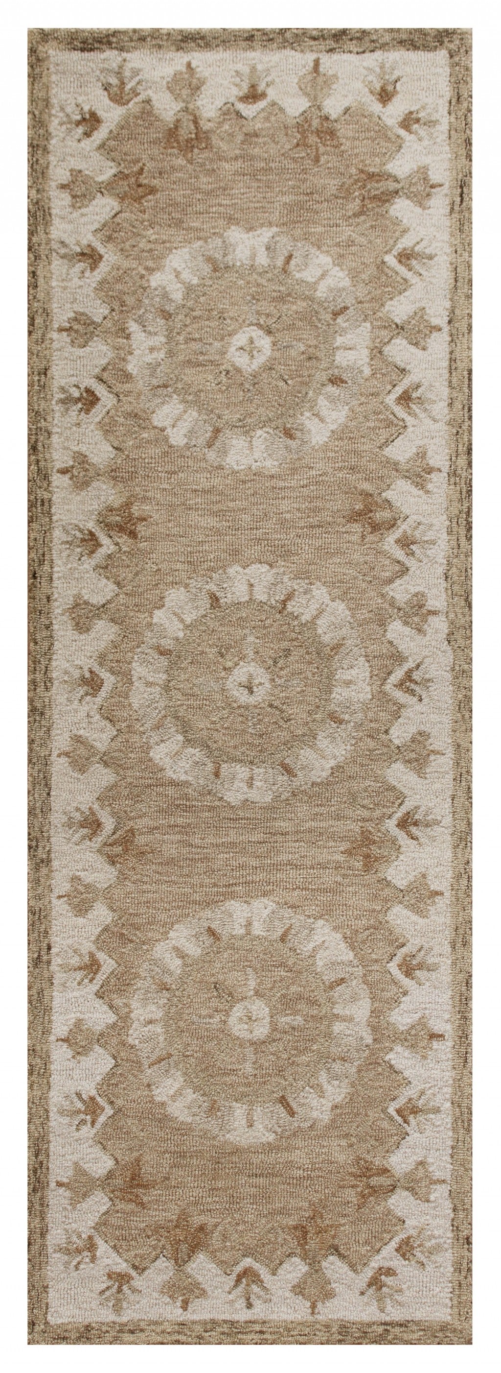 2' X 7' Tan Retro Modern Medallion Runner Rug