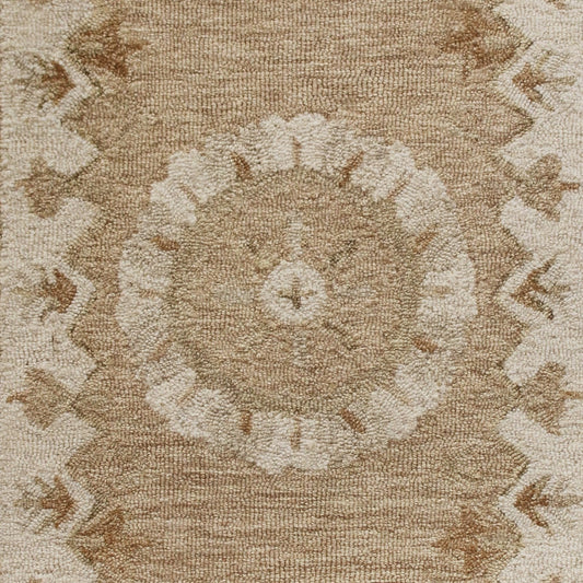 2' X 4' Tan and Beige Wool Medallion Hand Woven Half Circle Area Rug