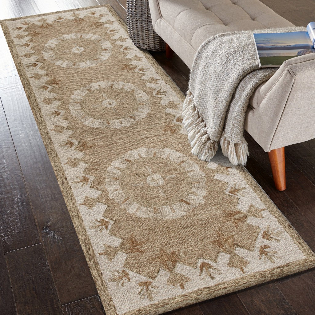 2' X 7' Tan Retro Modern Medallion Runner Rug