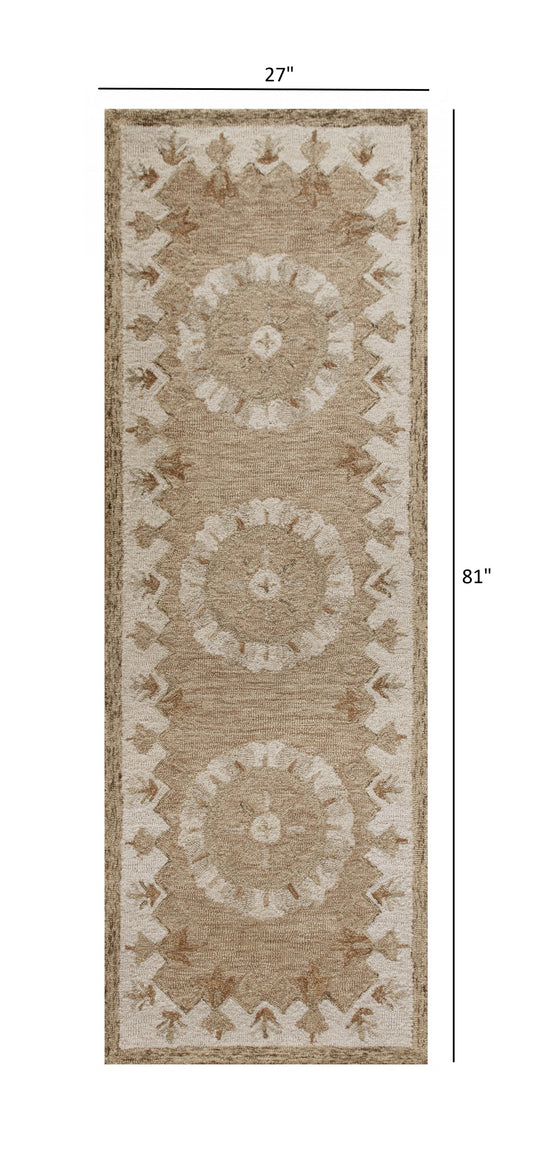 3' Round Tan Retro Modern Medallion Area Rug