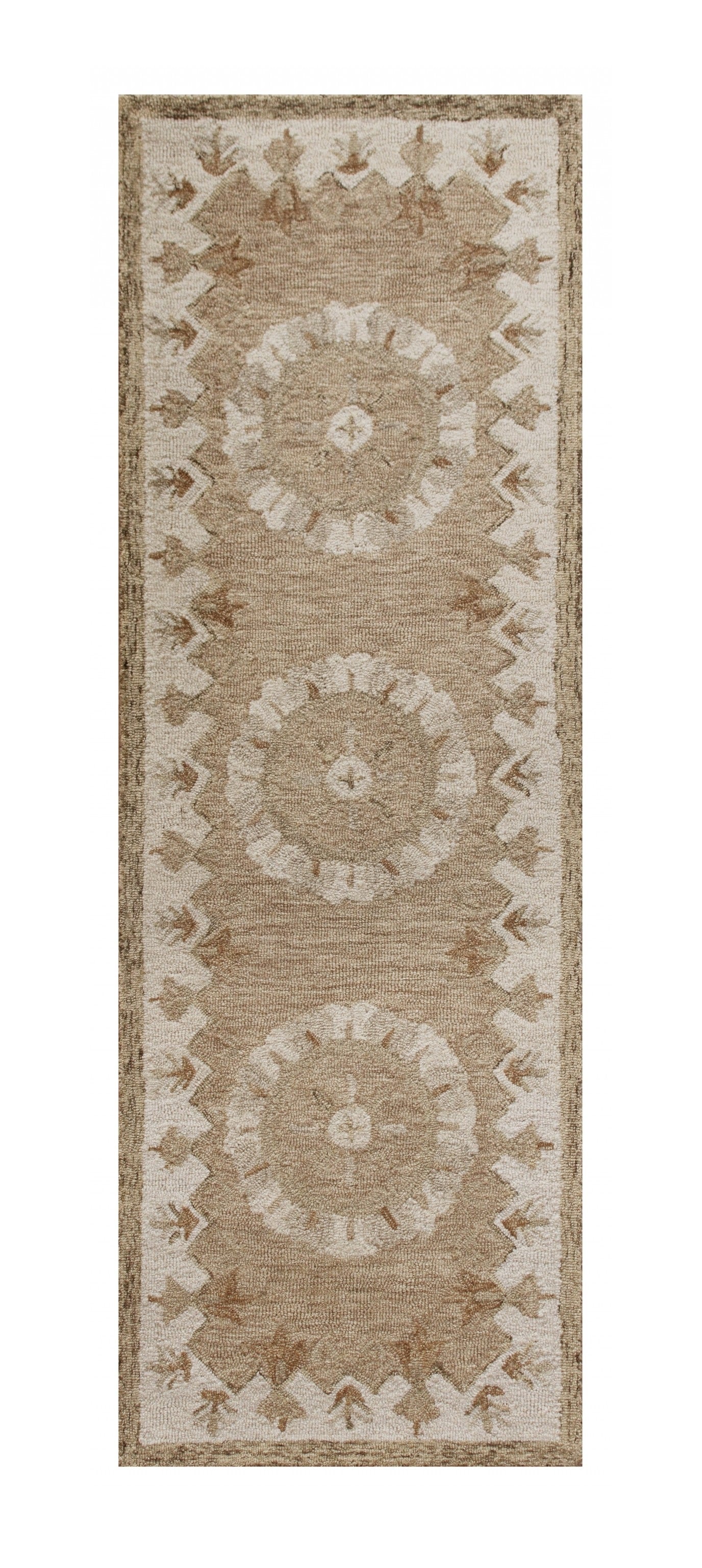 2' X 7' Tan Retro Modern Medallion Runner Rug