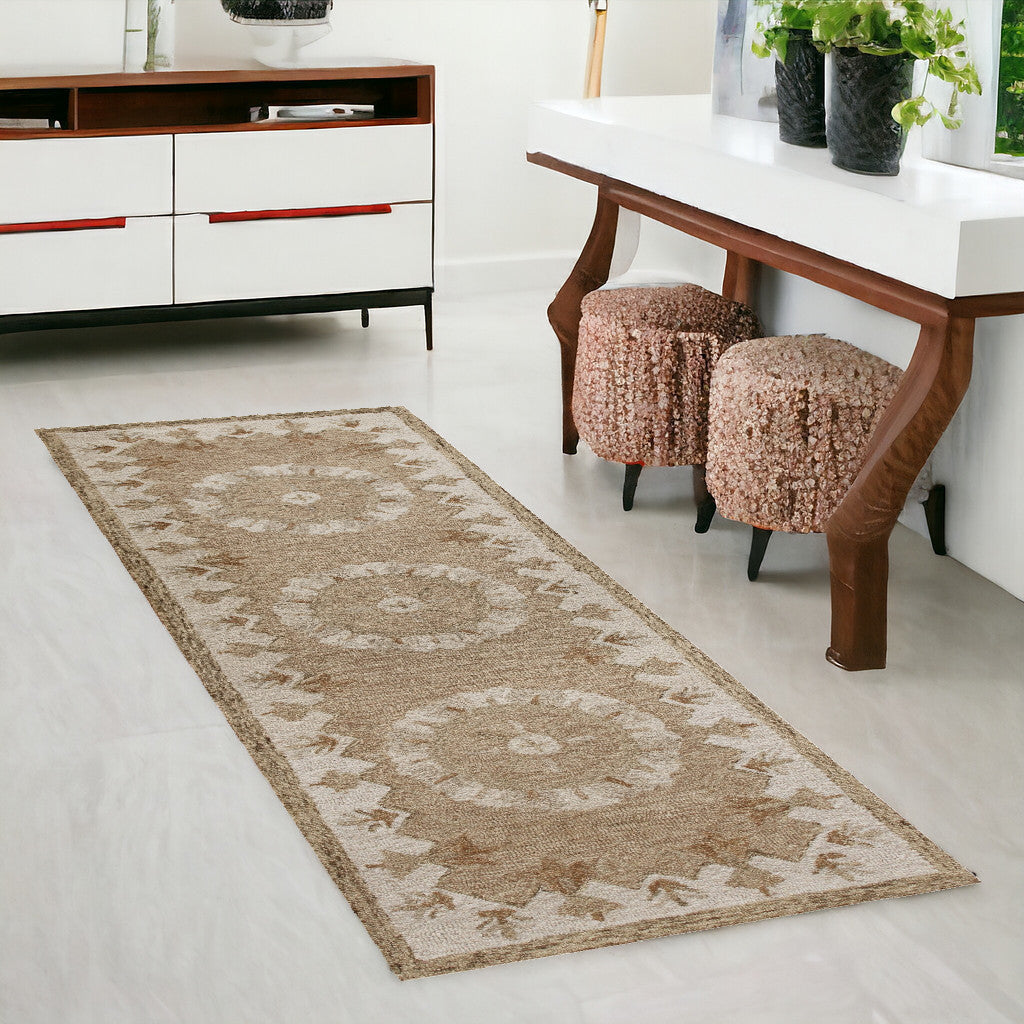 2' X 7' Tan Retro Modern Medallion Runner Rug