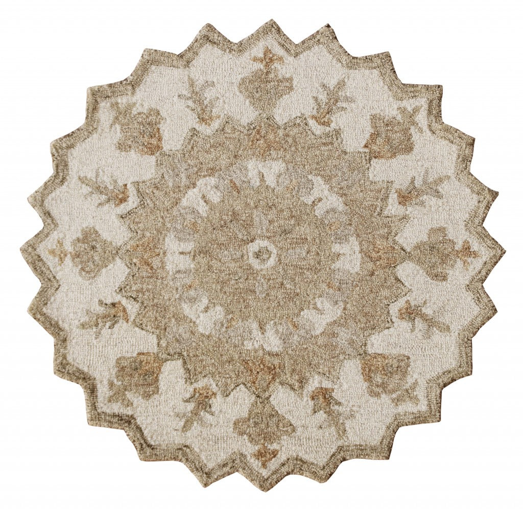 2' X 4' Tan and Beige Wool Medallion Hand Woven Half Circle Area Rug
