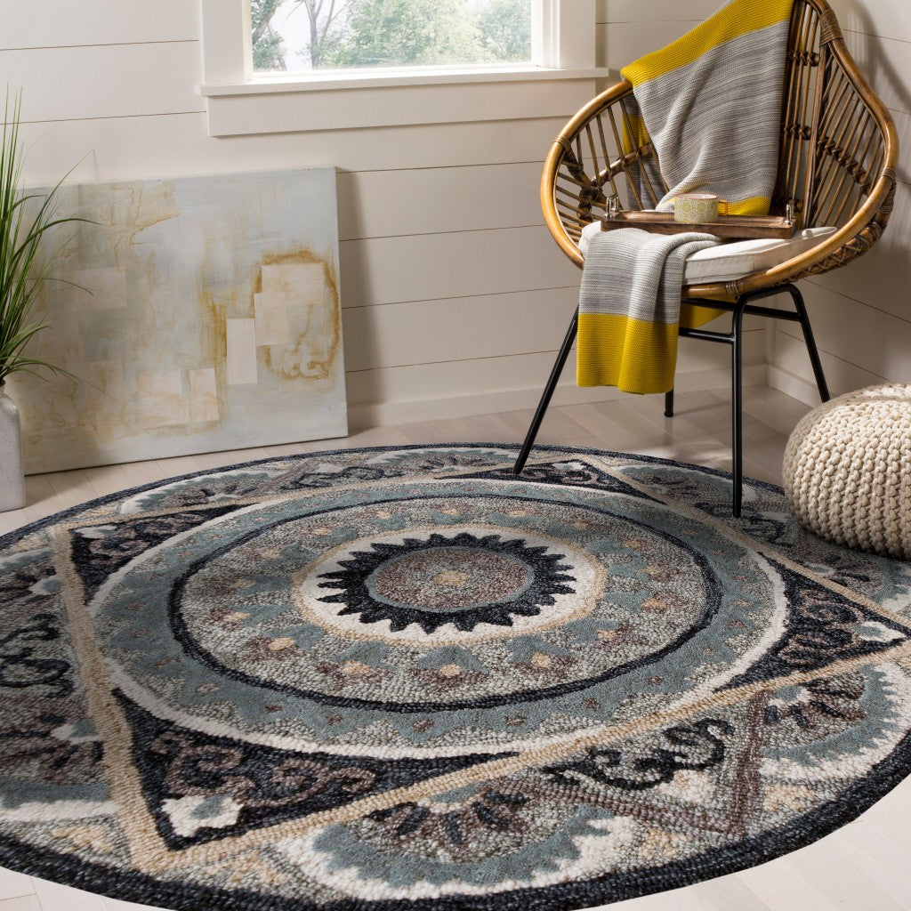 2' X 4' Blue and Gray Wool Hand Woven Hearth Rug