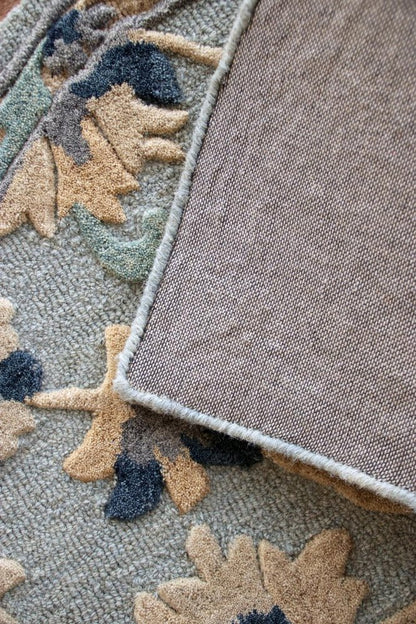3' Beige And Blue Wool Floral Hand Woven Round Rug
