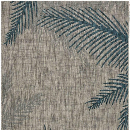 5' X 7' Beige And Teal Blue Palm Leaf Indoor Outdoor Area Rug