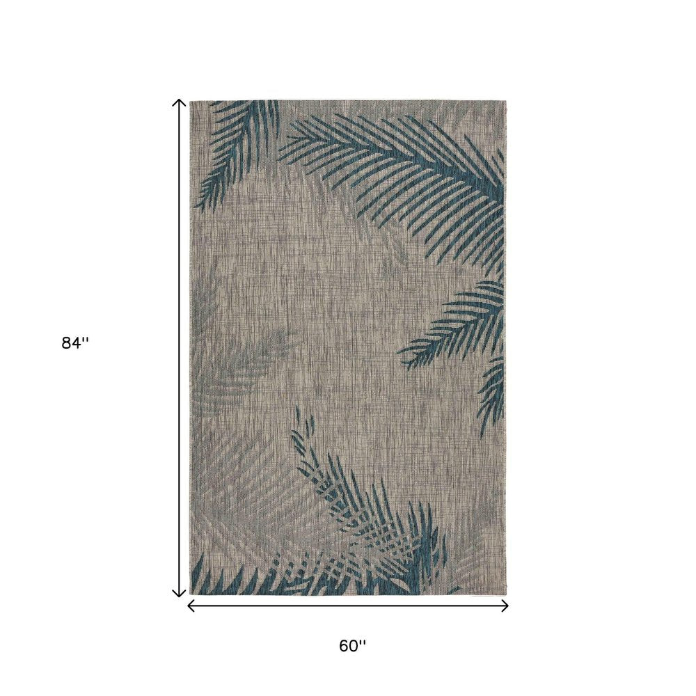 5' X 7' Beige And Teal Blue Palm Leaf Indoor Outdoor Area Rug