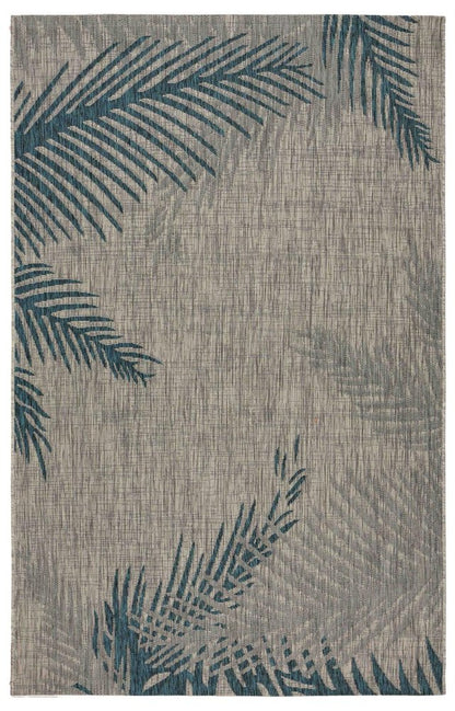 5' X 7' Beige And Teal Blue Palm Leaf Indoor Outdoor Area Rug