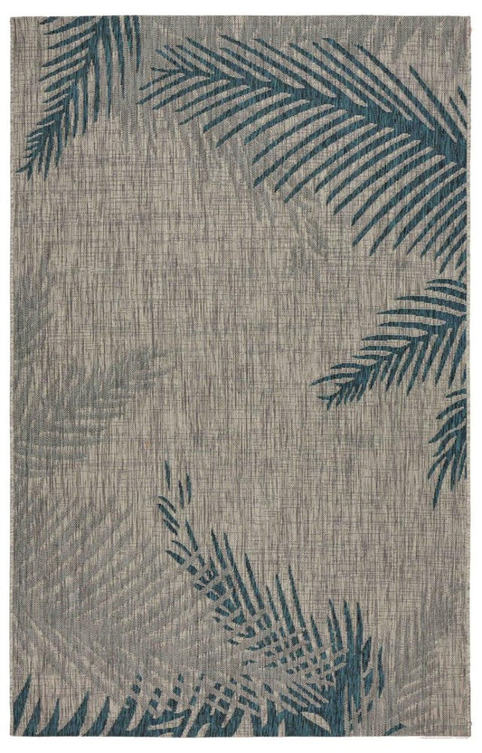 5' X 7' Beige And Teal Blue Palm Leaf Indoor Outdoor Area Rug