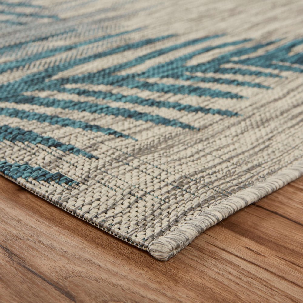 5' X 7' Beige And Teal Blue Palm Leaf Indoor Outdoor Area Rug