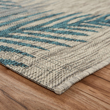 5' X 7' Beige And Teal Blue Palm Leaf Indoor Outdoor Area Rug
