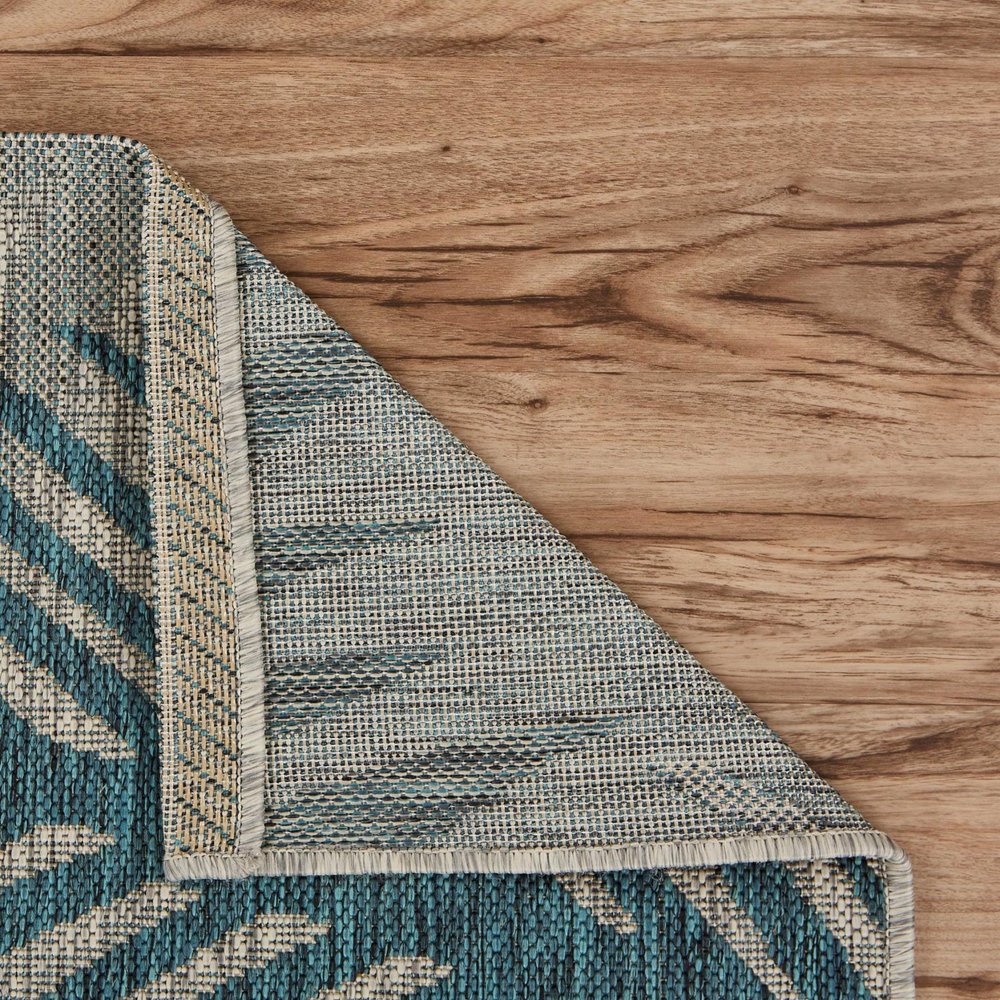 5' X 7' Beige And Teal Blue Palm Leaf Indoor Outdoor Area Rug
