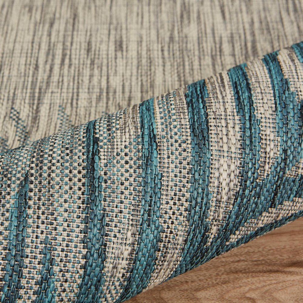 5' X 7' Beige And Teal Blue Palm Leaf Indoor Outdoor Area Rug