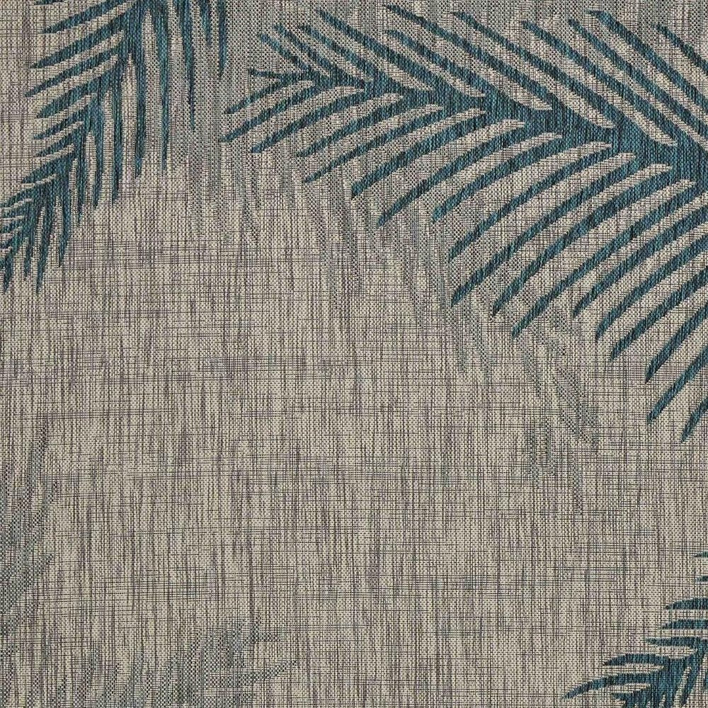 5' X 7' Beige And Teal Blue Palm Leaf Indoor Outdoor Area Rug