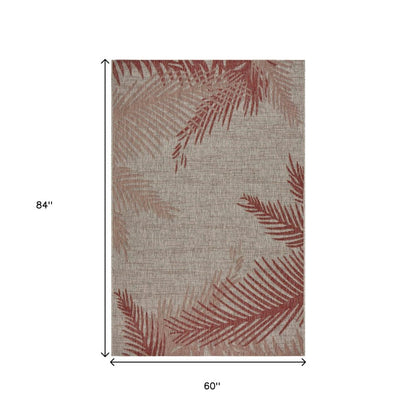 5' X 7' Beige And Red Palm Leaf Indoor Outdoor Area Rug
