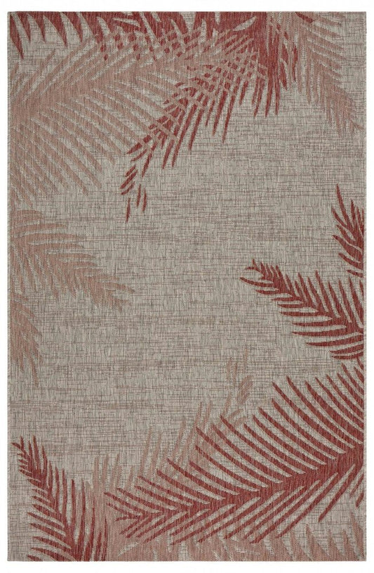 5' X 7' Beige And Red Palm Leaf Indoor Outdoor Area Rug