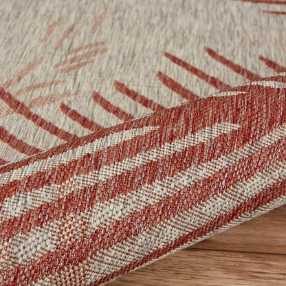 5' X 7' Beige And Red Palm Leaf Indoor Outdoor Area Rug