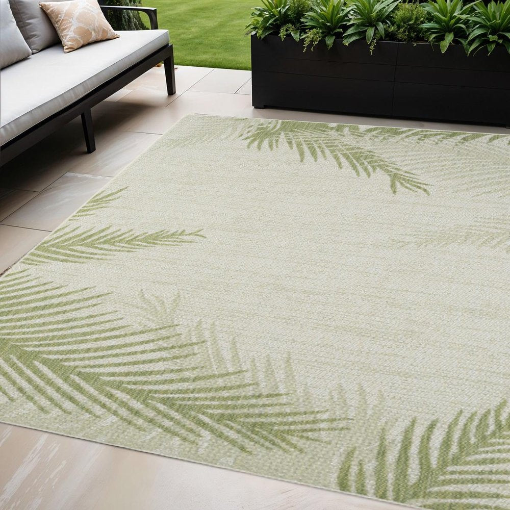5' X 7' Beige And Green Palm Leaf Indoor Outdoor Area Rug