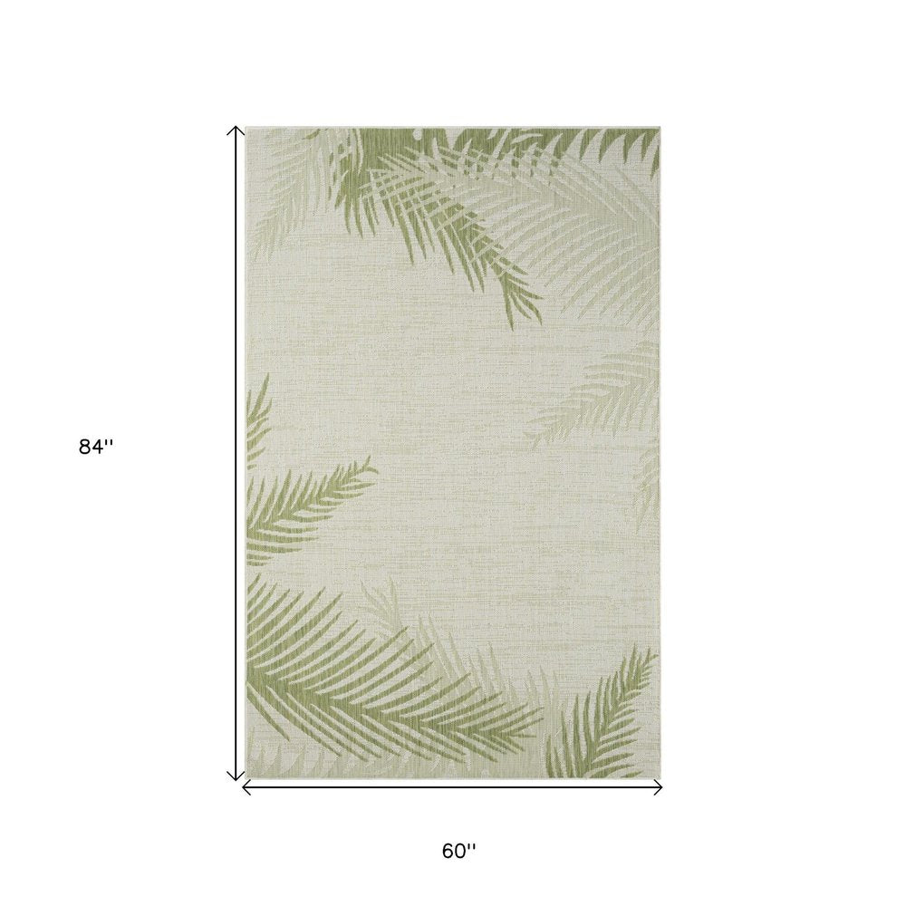 5' X 7' Beige And Green Palm Leaf Indoor Outdoor Area Rug