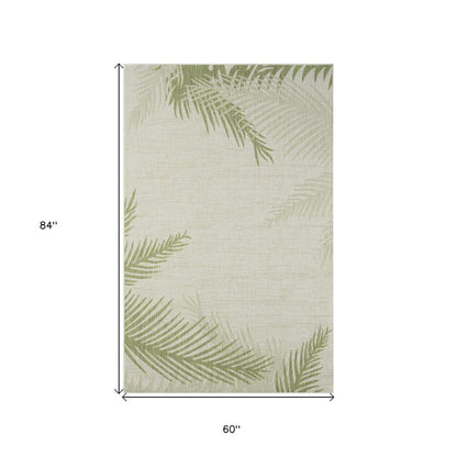 5' X 7' Beige And Green Palm Leaf Indoor Outdoor Area Rug