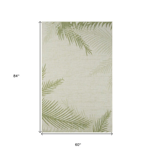5' X 7' Beige And Green Palm Leaf Indoor Outdoor Area Rug