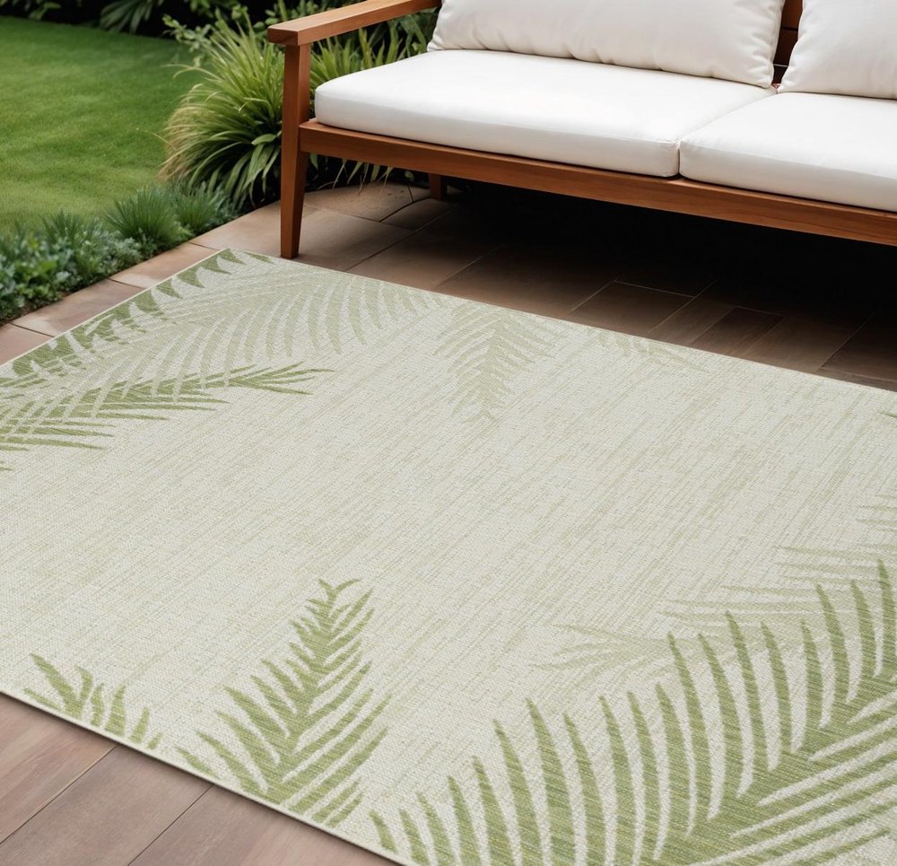 5' X 7' Beige And Green Palm Leaf Indoor Outdoor Area Rug