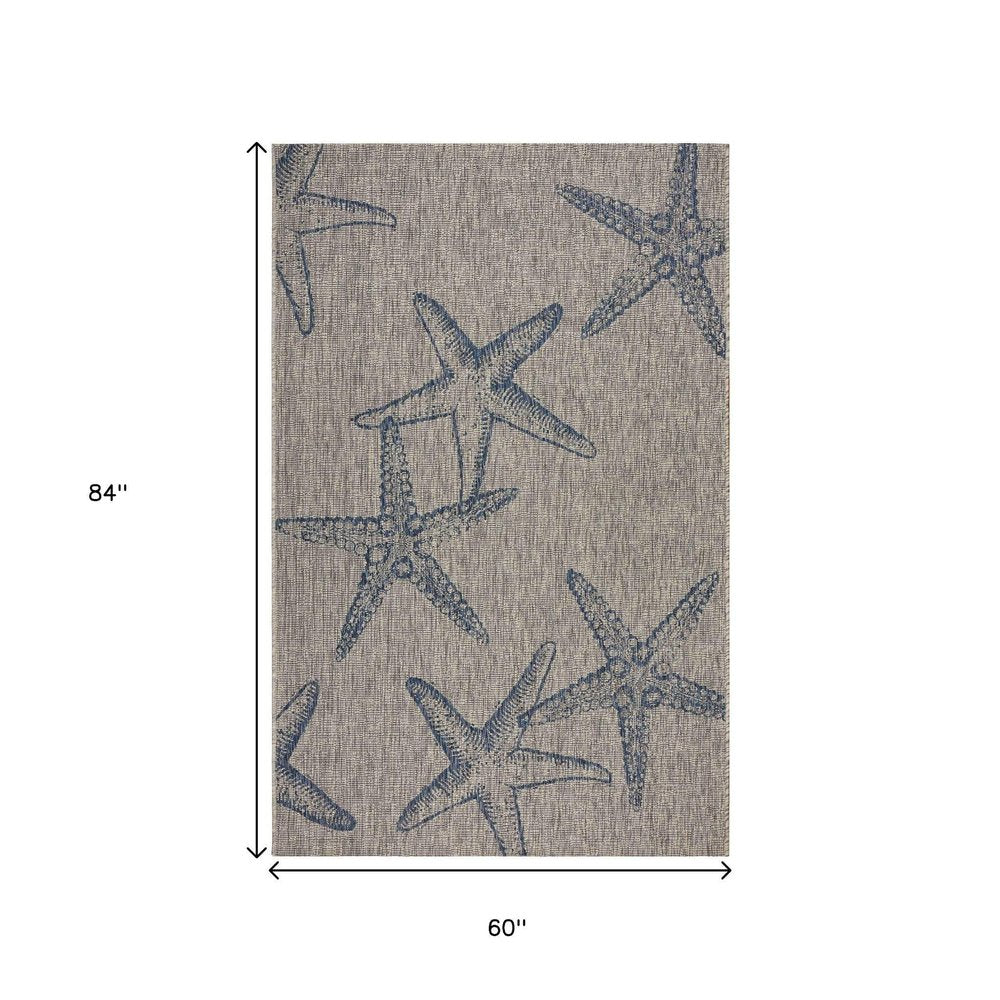 5' X 7' Blue And Gray Starfish Indoor Outdoor Area Rug