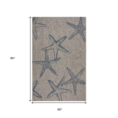 5' X 7' Blue And Gray Starfish Indoor Outdoor Area Rug
