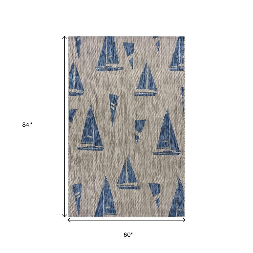 5' X 7' Gray And Blue Sailboat Indoor Outdoor Area Rug