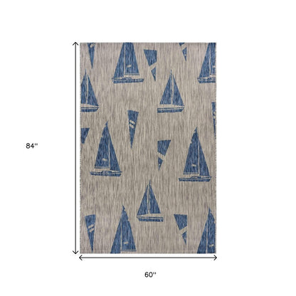 5' X 7' Gray And Blue Sailboat Indoor Outdoor Area Rug