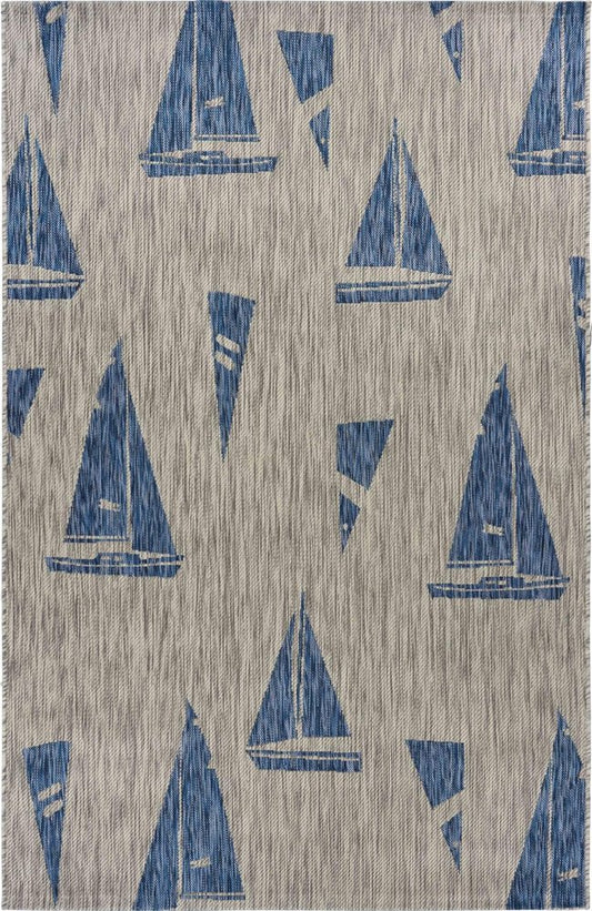 5' X 7' Gray And Blue Sailboat Indoor Outdoor Area Rug