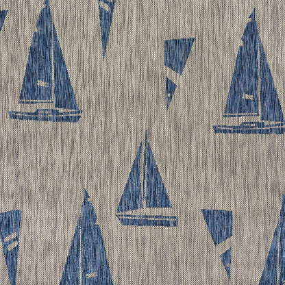 5' X 7' Gray And Blue Sailboat Indoor Outdoor Area Rug
