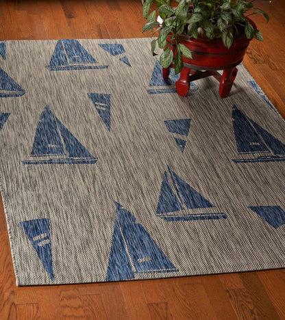 5' X 7' Gray And Blue Sailboat Indoor Outdoor Area Rug
