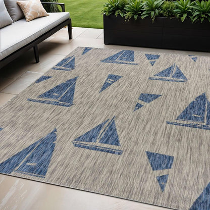 5' X 7' Gray And Blue Sailboat Indoor Outdoor Area Rug