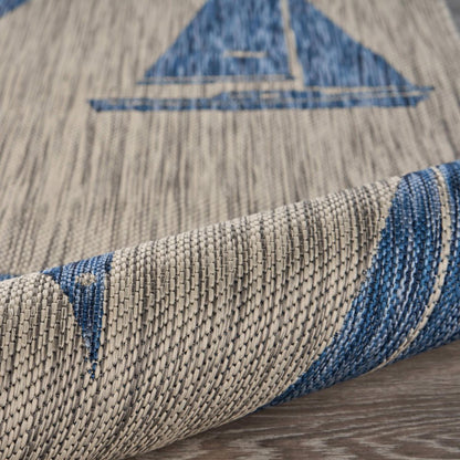 5' X 7' Gray And Blue Sailboat Indoor Outdoor Area Rug