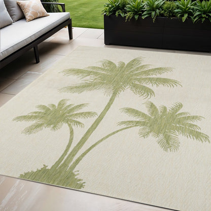 5' X 7' Beige And Green Palm Tree Indoor Outdoor Area Rug