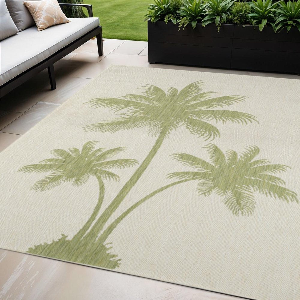 5' X 7' Beige And Green Palm Tree Indoor Outdoor Area Rug