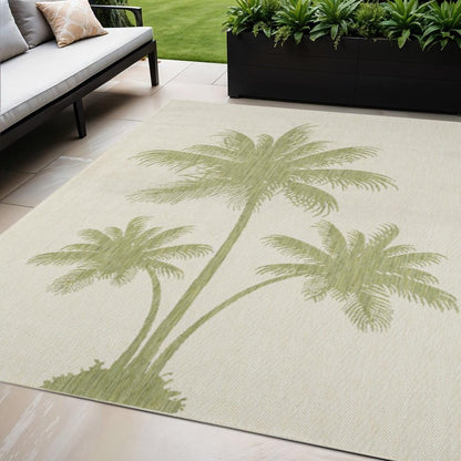 5' X 7' Beige And Green Palm Tree Indoor Outdoor Area Rug