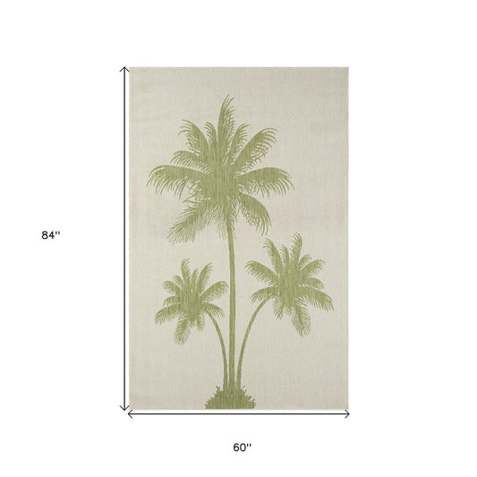 5' X 7' Beige And Green Palm Tree Indoor Outdoor Area Rug