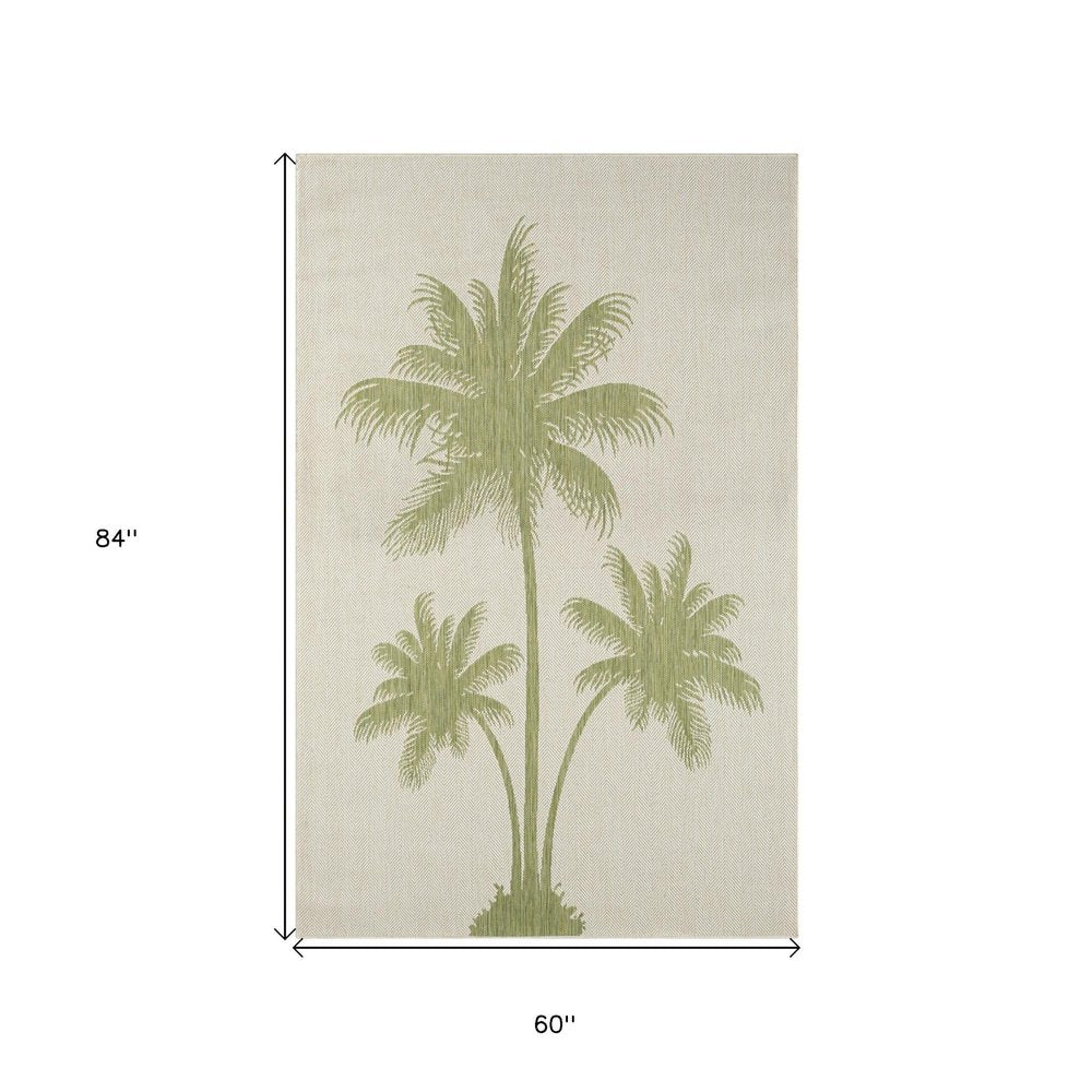 5' X 7' Beige And Green Palm Tree Indoor Outdoor Area Rug