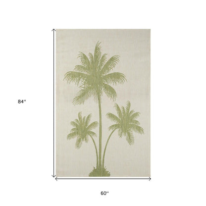 5' X 7' Beige And Green Palm Tree Indoor Outdoor Area Rug