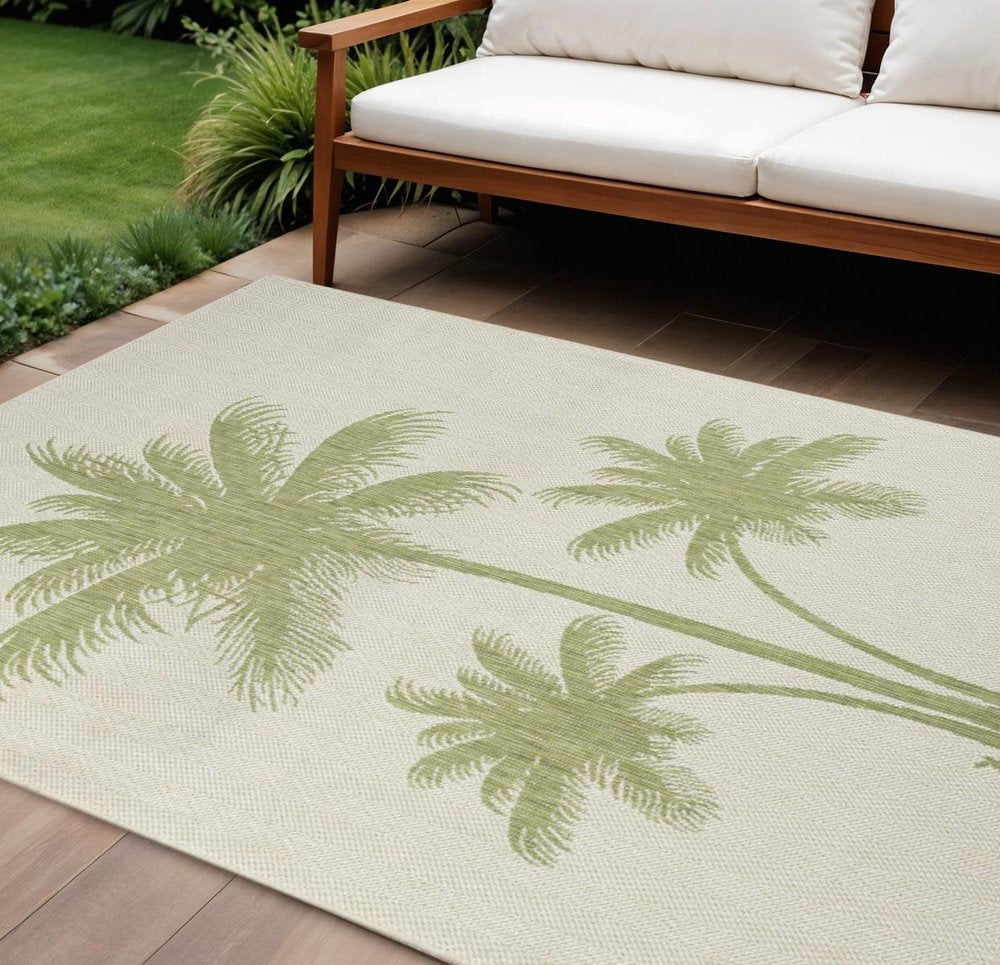 5' X 7' Beige And Green Palm Tree Indoor Outdoor Area Rug