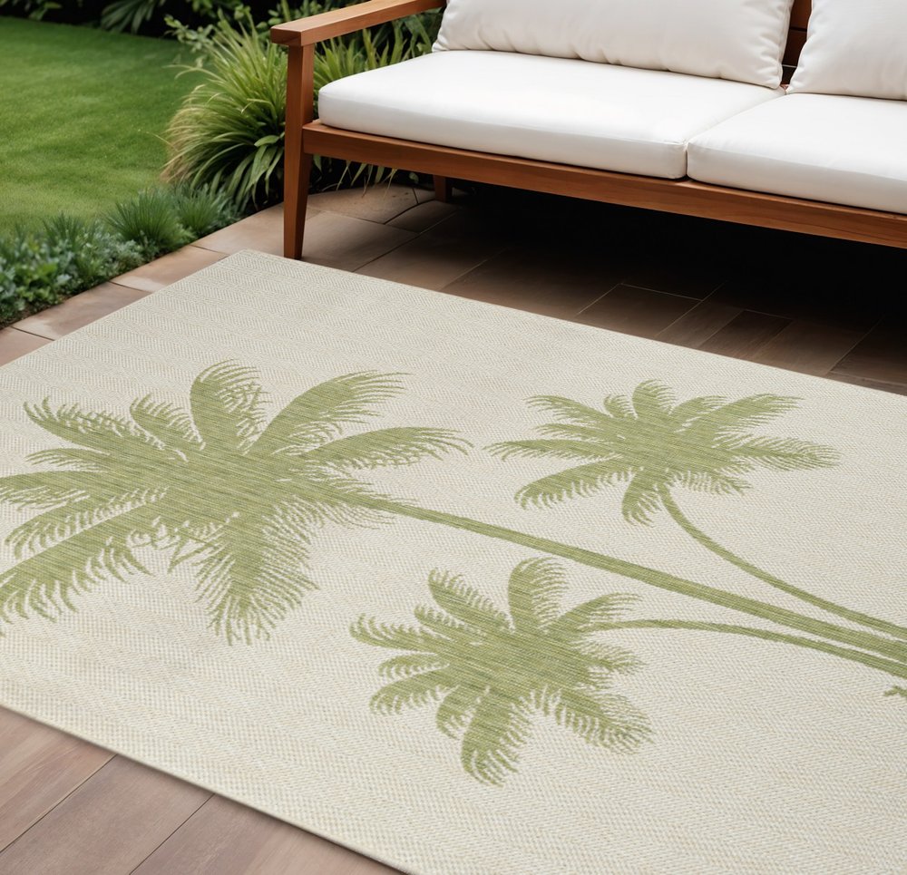 5' X 7' Beige And Green Palm Tree Indoor Outdoor Area Rug