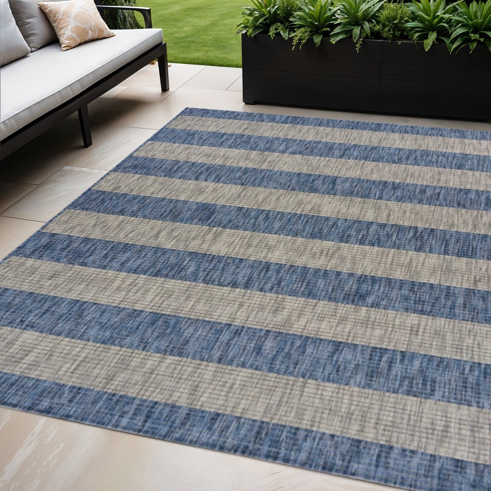 5' X 7' Blue And Gray Striped Indoor Outdoor Area Rug