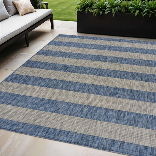 5' X 7' Blue And Gray Striped Indoor Outdoor Area Rug