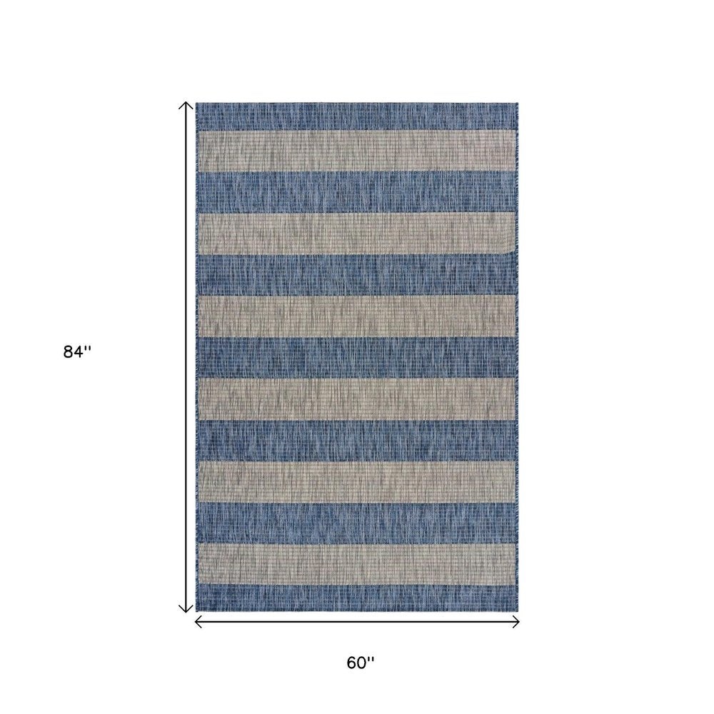 5' X 7' Blue And Gray Striped Indoor Outdoor Area Rug