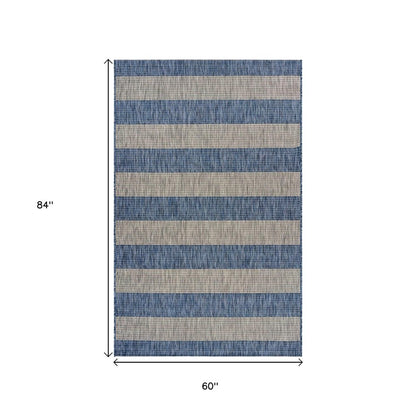 5' X 7' Blue And Gray Striped Indoor Outdoor Area Rug