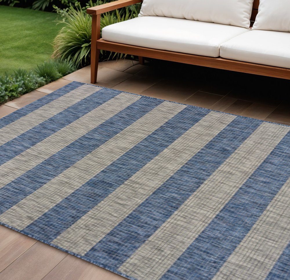 5' X 7' Blue And Gray Striped Indoor Outdoor Area Rug