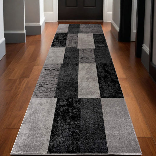 13' Gray And Black Geometric Shag Runner Rug