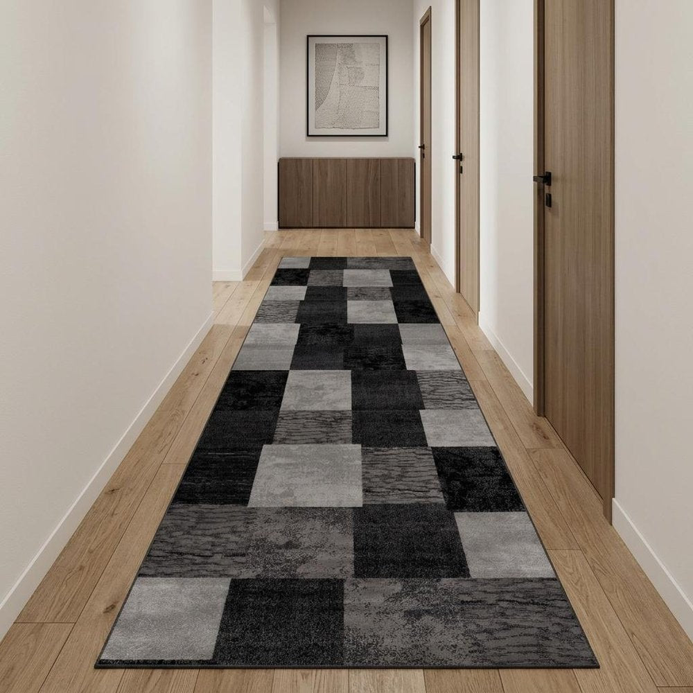 10' Gray Checkered Power Loom Runner Rug